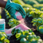 Hand applying colorful chemical fertilizer granules to garden plants