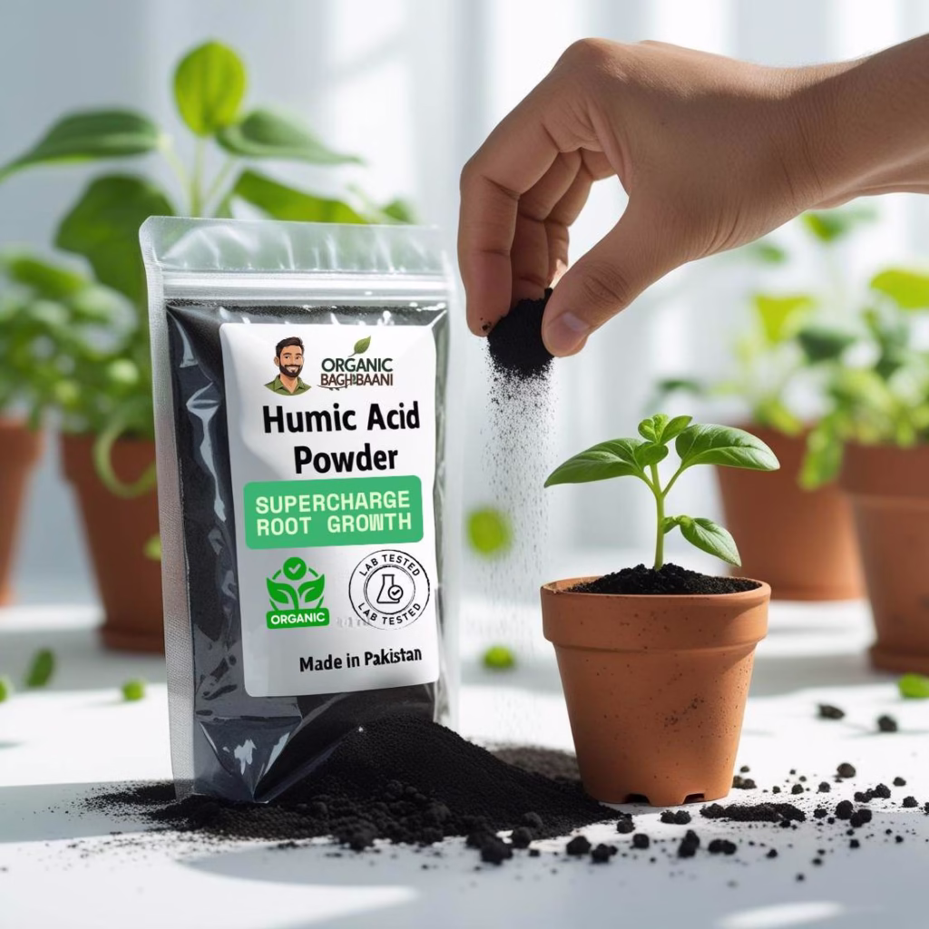 Organic Humic Acid Powder in kraft pouch on soil