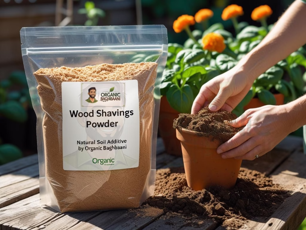 Fine wood shavings powder being added to a compost bin and mixed with soil for better aeration and drainage – Organic Baghbaani