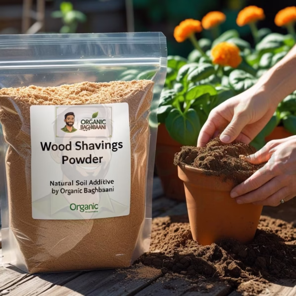 Fine wood shavings powder being added to a compost bin and mixed with soil for better aeration and drainage – Organic Baghbaani