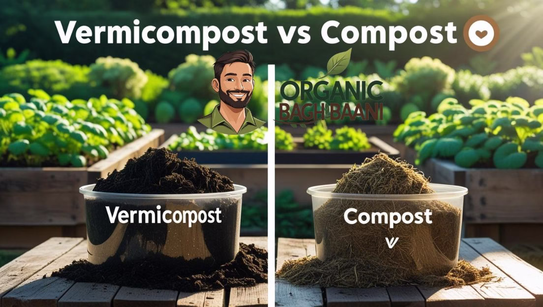 Top view of vermicompost and compost side-by-side on a garden table – Organic Baghbaani blog cover image